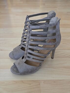 Suede Strappy Peep-Toe Stiletto High Heel Back Zip Sandals - Taupe Size 10